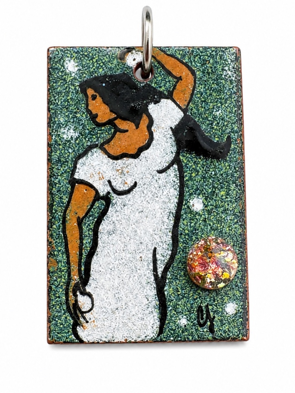 Vintage enamel black beauty pendant female women signed goddess  handmade OOAK